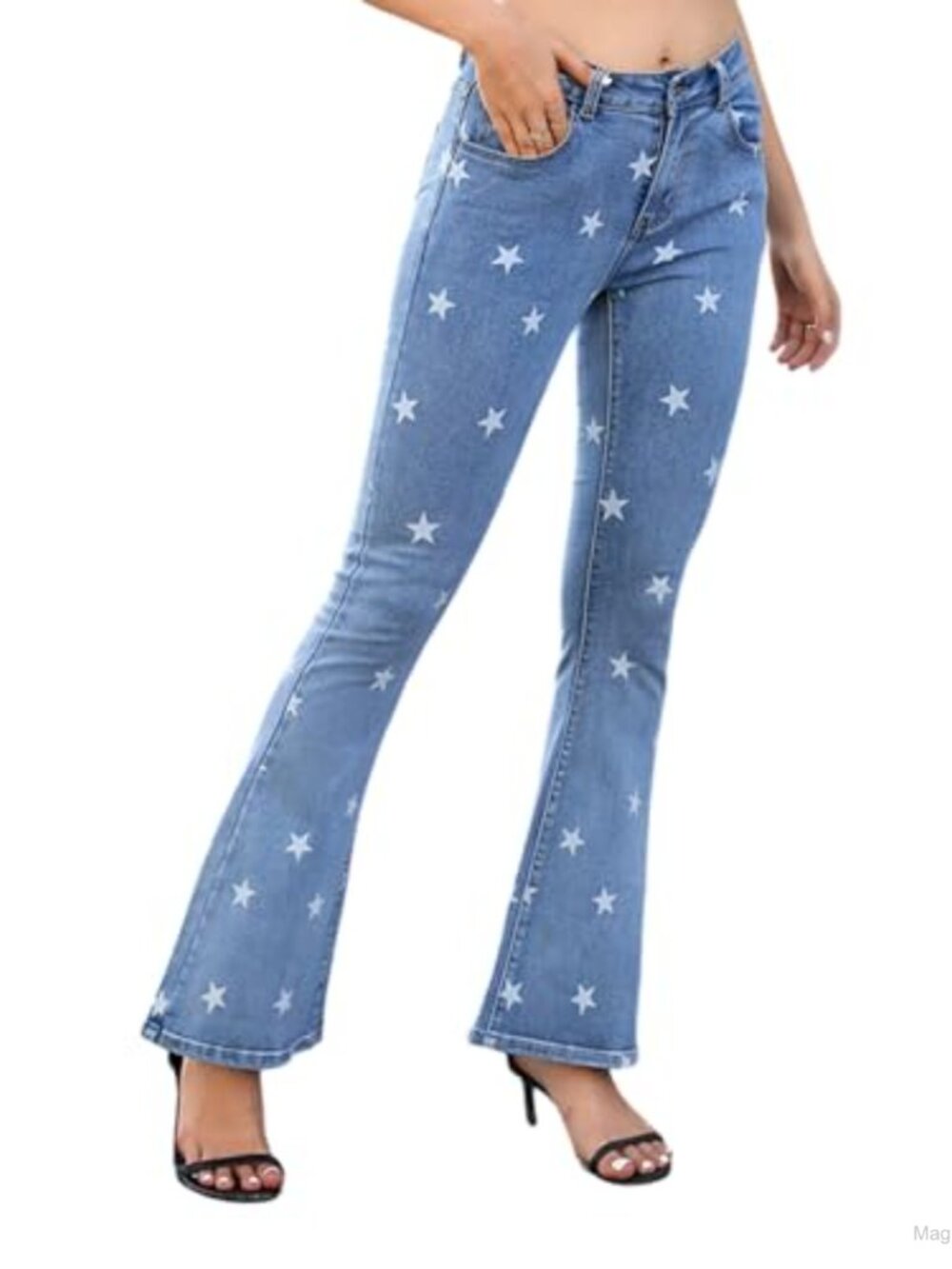 Women's Floral Embroidered Mid Rise Bell Bottom Flare Frayed Hem Jeans